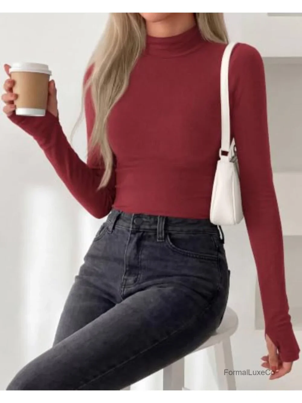 Women's Turtleneck Thumbhole Long Sleeve Top - Fleece Lined Slim Fit Thermal